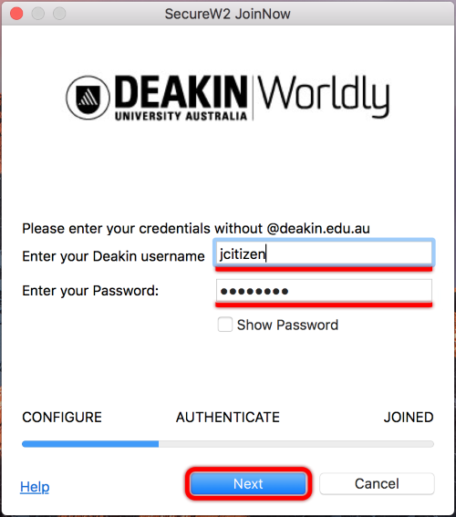 In the JoinNow program, fill in your Deakin Username (NO @deakin.edu.au), and your Deakin Password