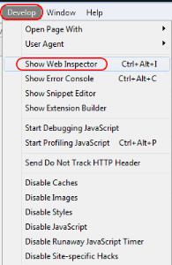 Safari Develop Menu and Show Web Inspector option outlined in red