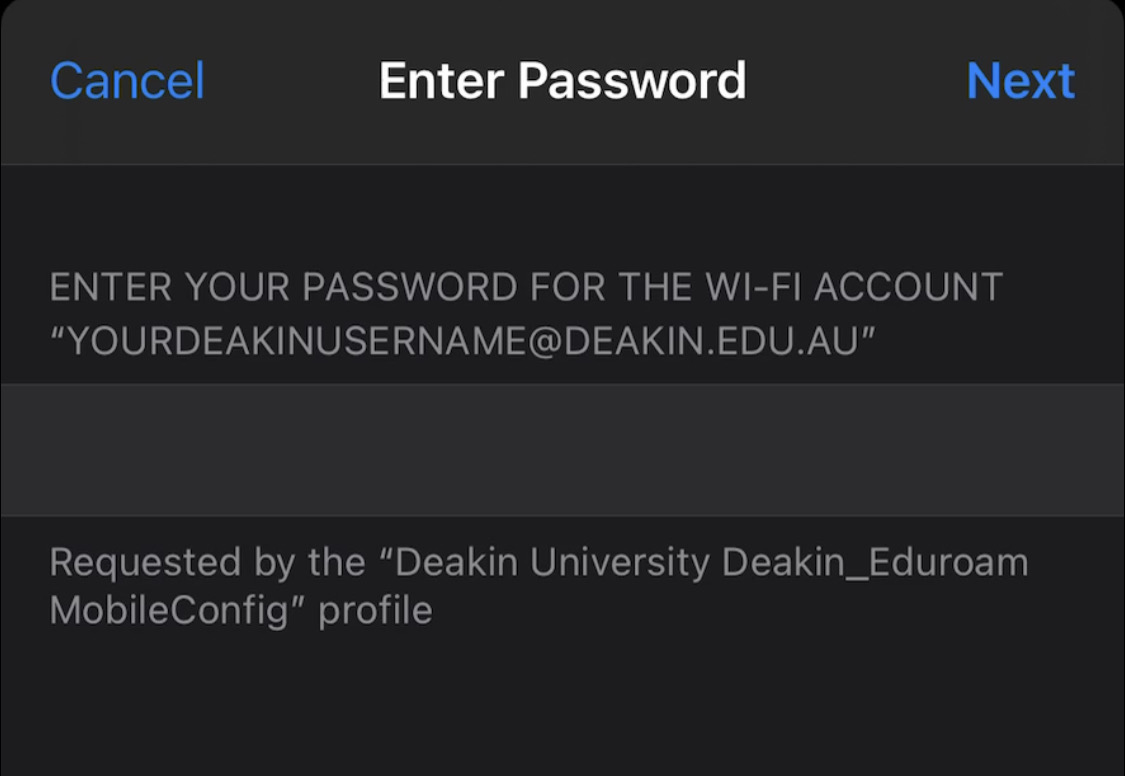 Enter Password popup with a field for the password. Buttons in blue- Next on the top right hand side, Cancel on the top left hand side