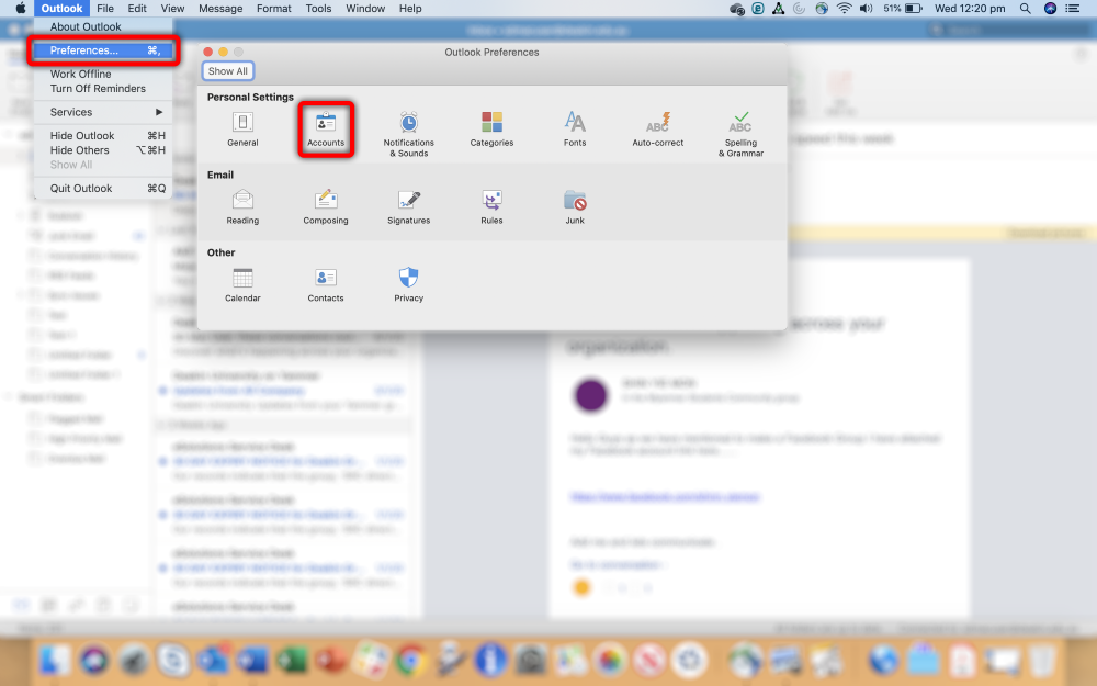 When Outlook is open, select "Preferences", then "Accounts".