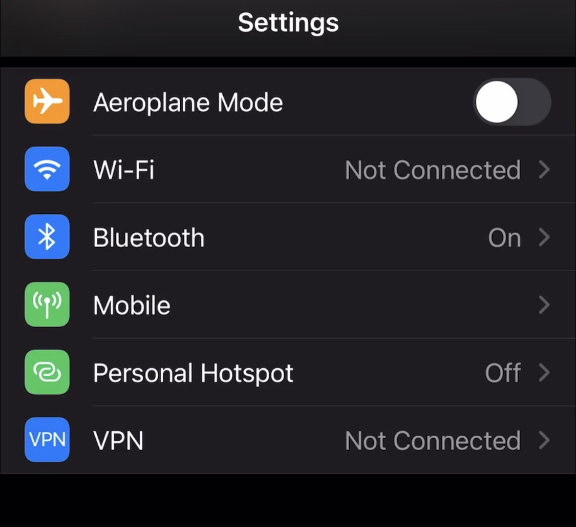 Settings app, Wi-Fi is the 2nd entry