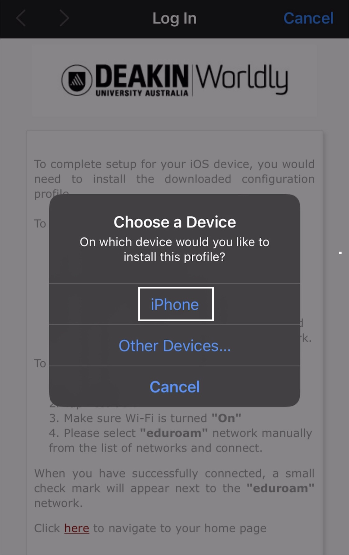 Choose a Device popup with iPhone selection outlined in white