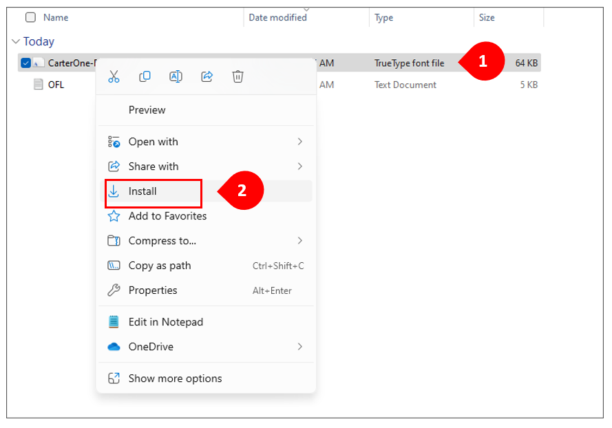 Install the font - steps 1 and 2