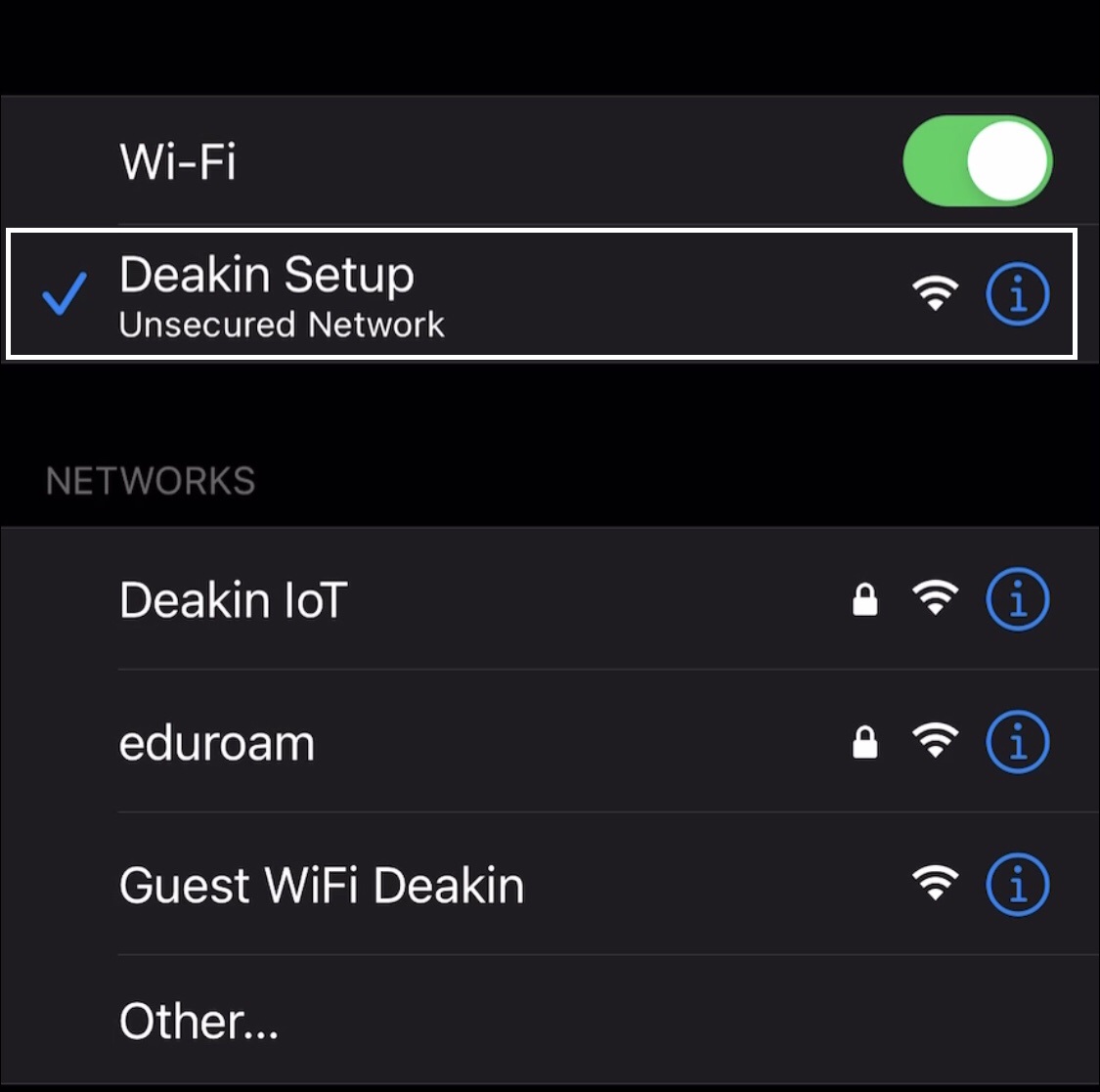 Wi-Fi toggled on, Deakin setup selected