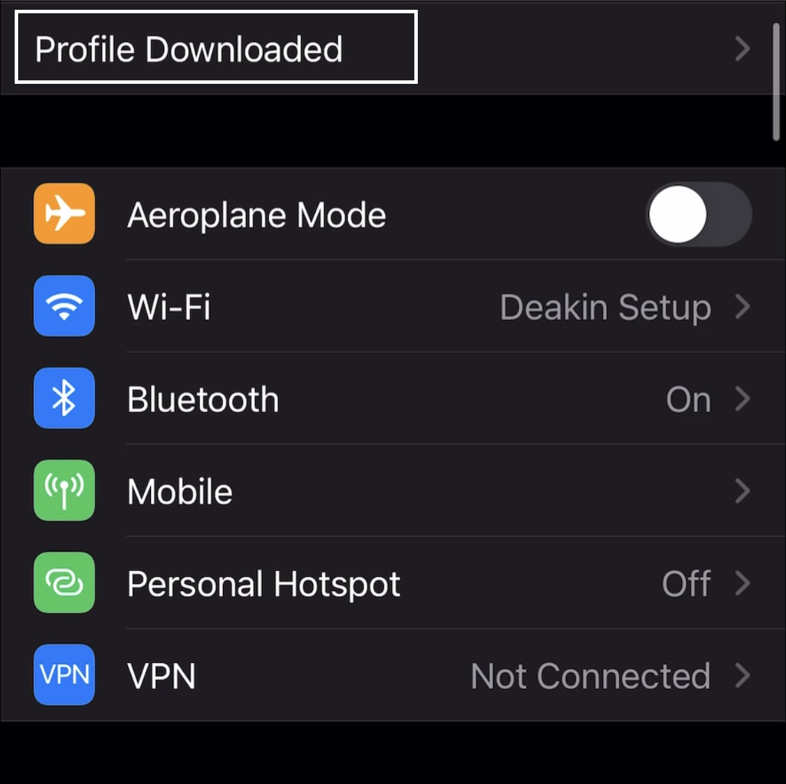 Settings app with Profile Downloaded menu outlined in white