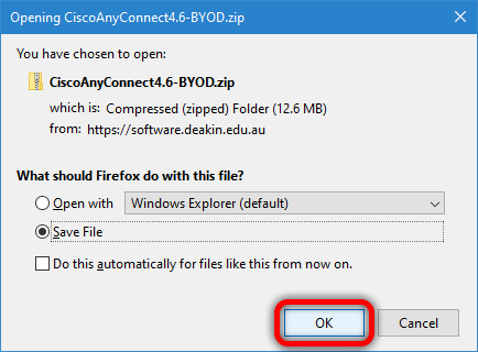 You will be prompted to Open with, or Save File. Save the file, and click "OK"