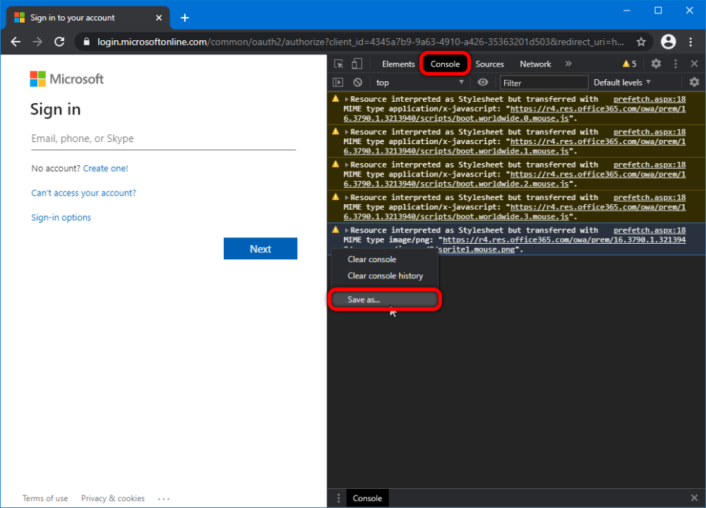 Chrome Developer Tools Console tab showing "Save as" outlined in red