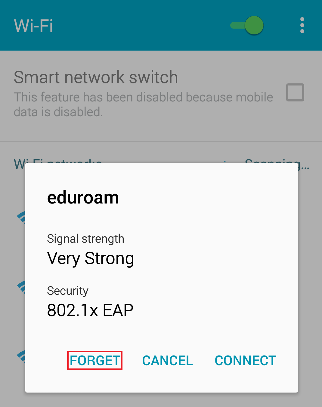 Forget stored eduroam connection settings