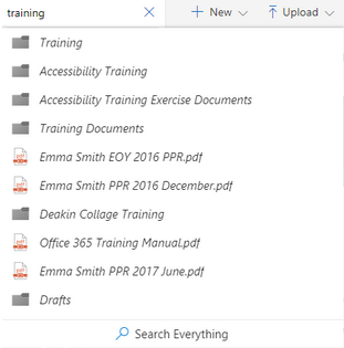 Office 365 search results below the search bar