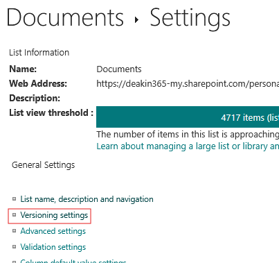 select versioning settings