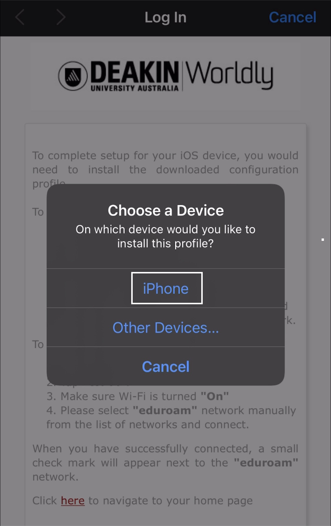 Choose a Device popup with iPhone selection outlined in white