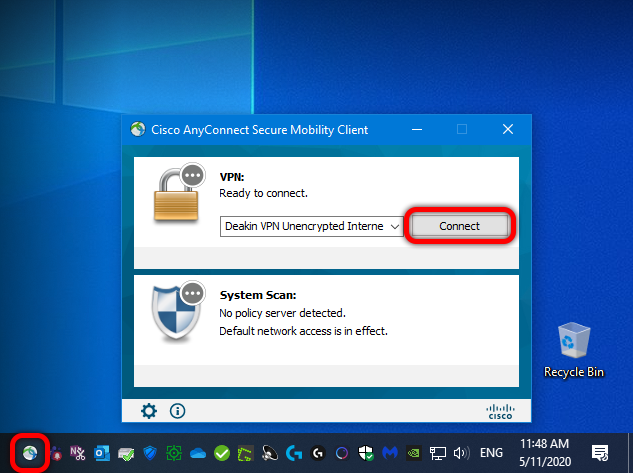 Whenever you turn your computer on, or when the installation is complete, Cisco AnyConnect will automatically hide in your apps list to the right of your Start Menu