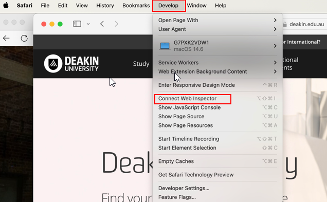 Safari Develop Menu and Connect Web Inspector option outlined in red