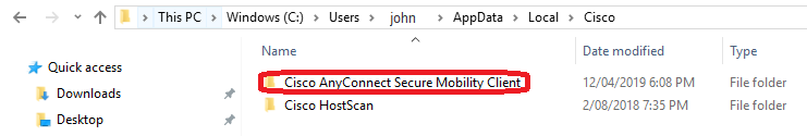 In your C:\ drive's AppData folder (C:\Users\<username>\AppData\Local\Cisco), locate and delete any mention of Cisco Anyconnect Secure Mobiltiy Client