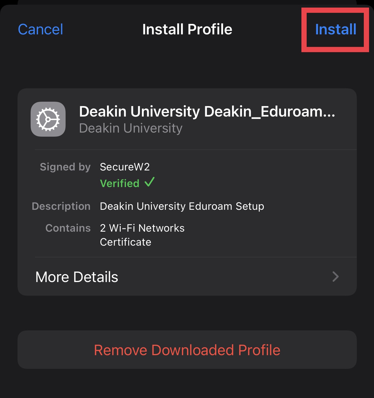 Install Profile for Deakin University Deakin_Eduroam popup, Install button outlined in red