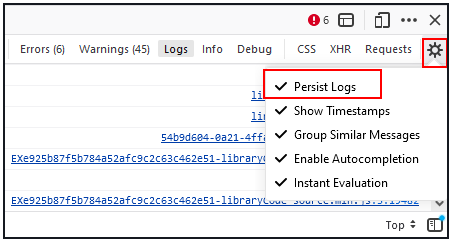 Firefox Developer Tools Console tab with Settings Cog and Persist Logs option outlined in red