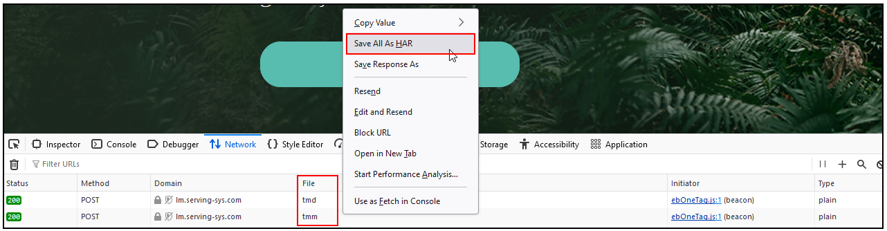 Firefox Developer Tools Network tab showing the File column and "Save All As HAR" option outlined in red