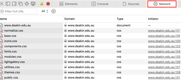 Network tab in Safari Web Inspector with Network title outlined in red