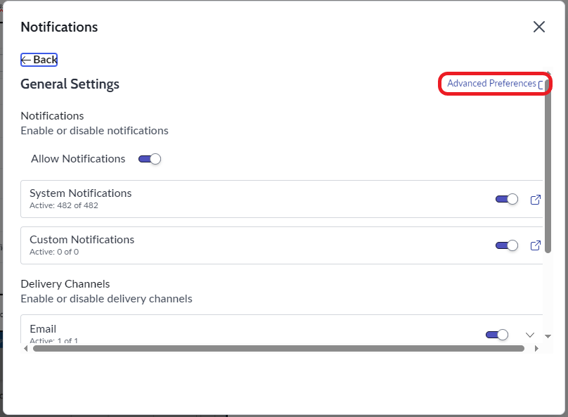 ServiceNow 'Notifications, General Settings' page with 'Advanced Preferences' link outlined in red