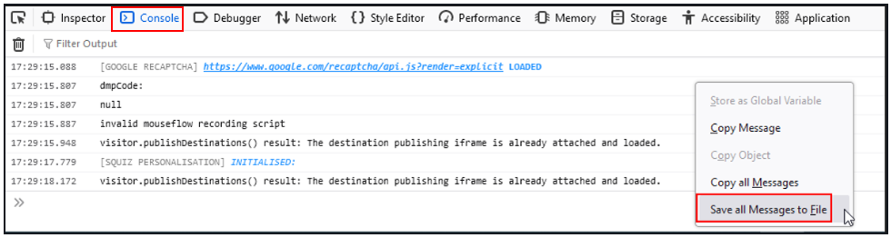 Firefox Web Developer Tools Console tab with Console and "Save all Messages to File" option outlined in red