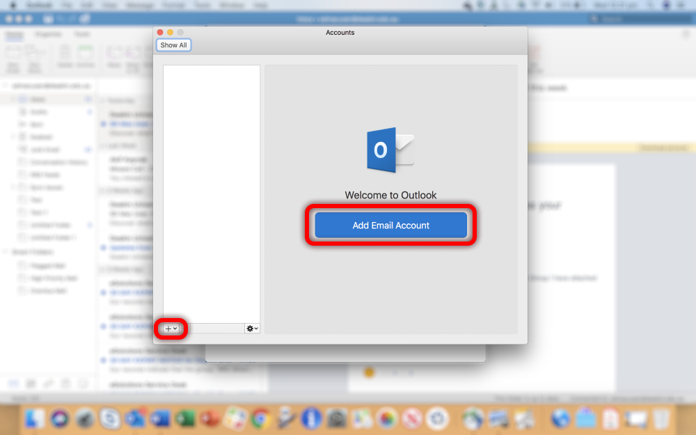 If this is your first time opening Outlook, select "Add Email Account". Otherwise, please select the small "+" symbol to the bottom left