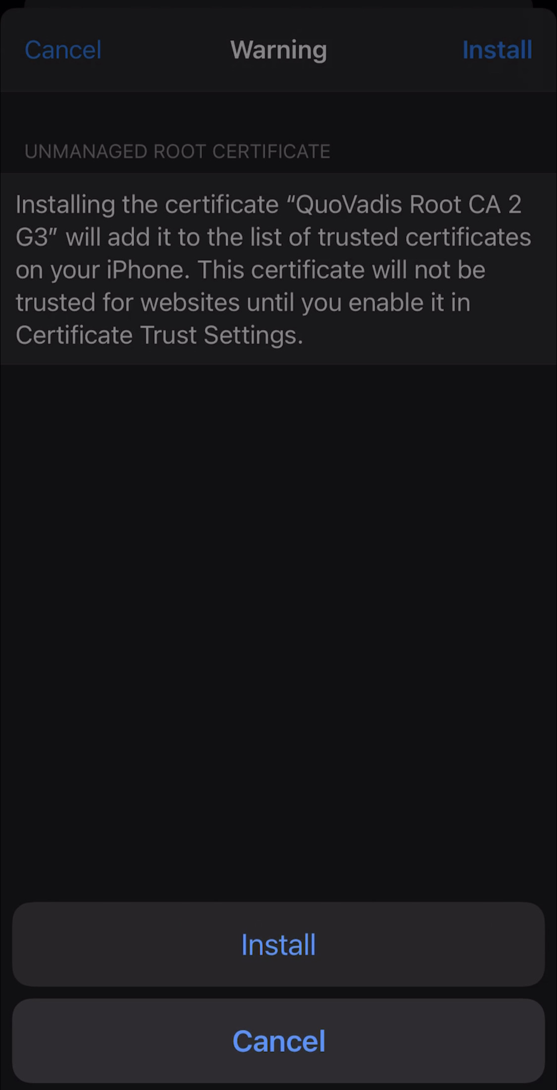 Warning message saying that a certificate will be added to the list of trusted certificates on the device. Buttons for Install and Cancel (bolded) are at the bottom of the warning