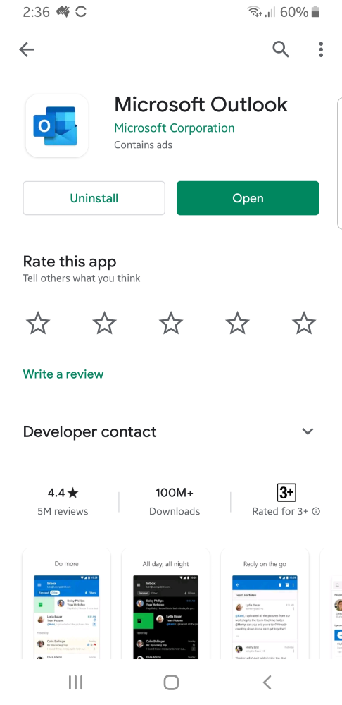Firstly, launch Google Play and search for 'Microsoft Outlook'. When you locate the app as displayed in this picture, install it