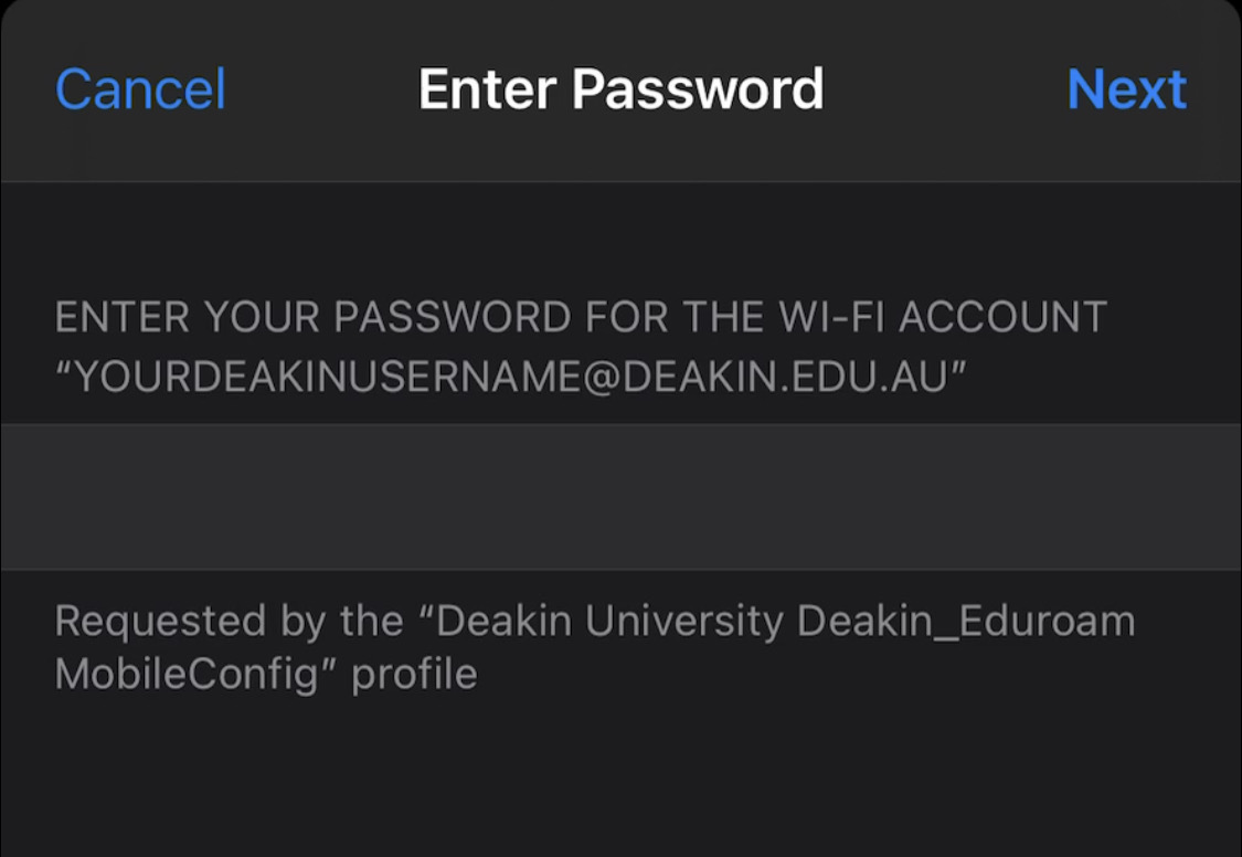 Enter Password popup with a field for the password. Buttons in blue- Next on the top right hand side, Cancel on the top left hand side