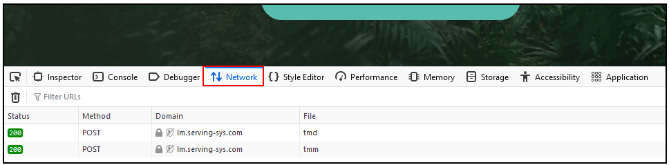 Firefox Web Developer Tools panel with Network tab outlined in red