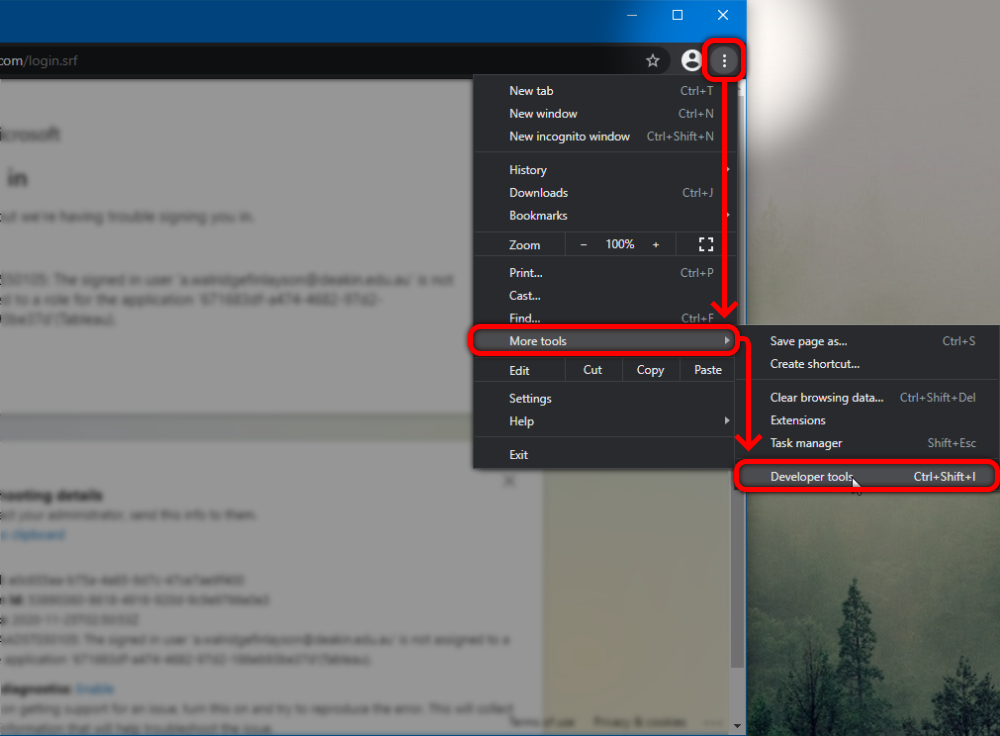 Chrome menu selections, red arrows are showing the sequence of menu selections (outlined in red) to open Developer Tools