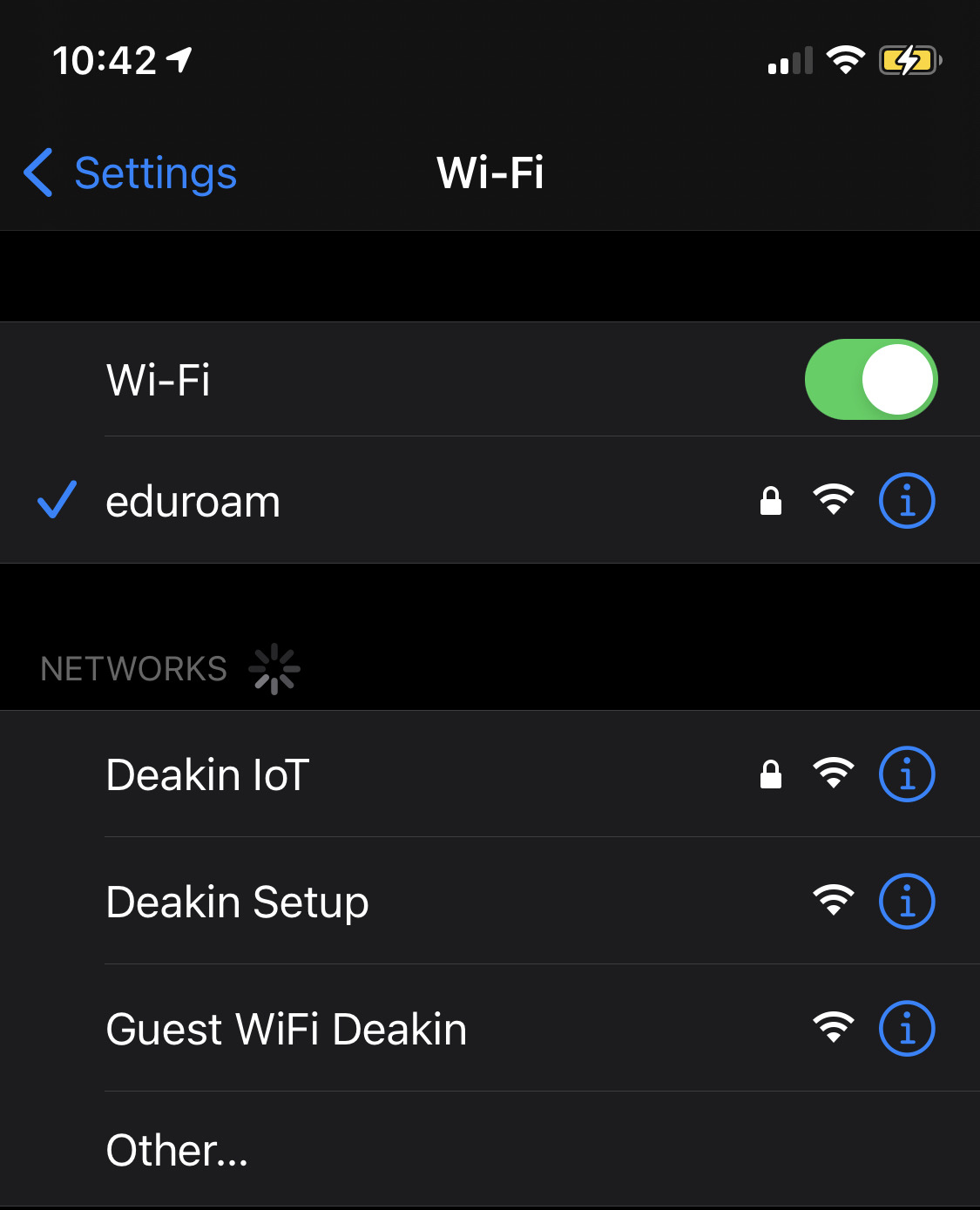 WiFi menu in the settings app, showing Wi-Fi toggled on and a tick next to eduroam indicating its connected