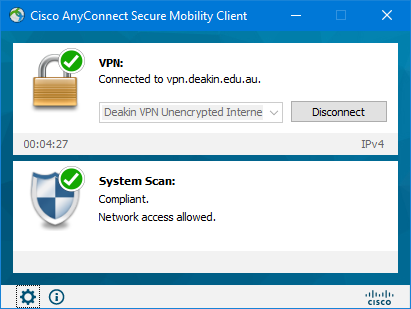 You are now successfully connected to Deakin's VPN network. To disconnect, simply click the "Disconnect" button at any time. You will be required to log back in, however