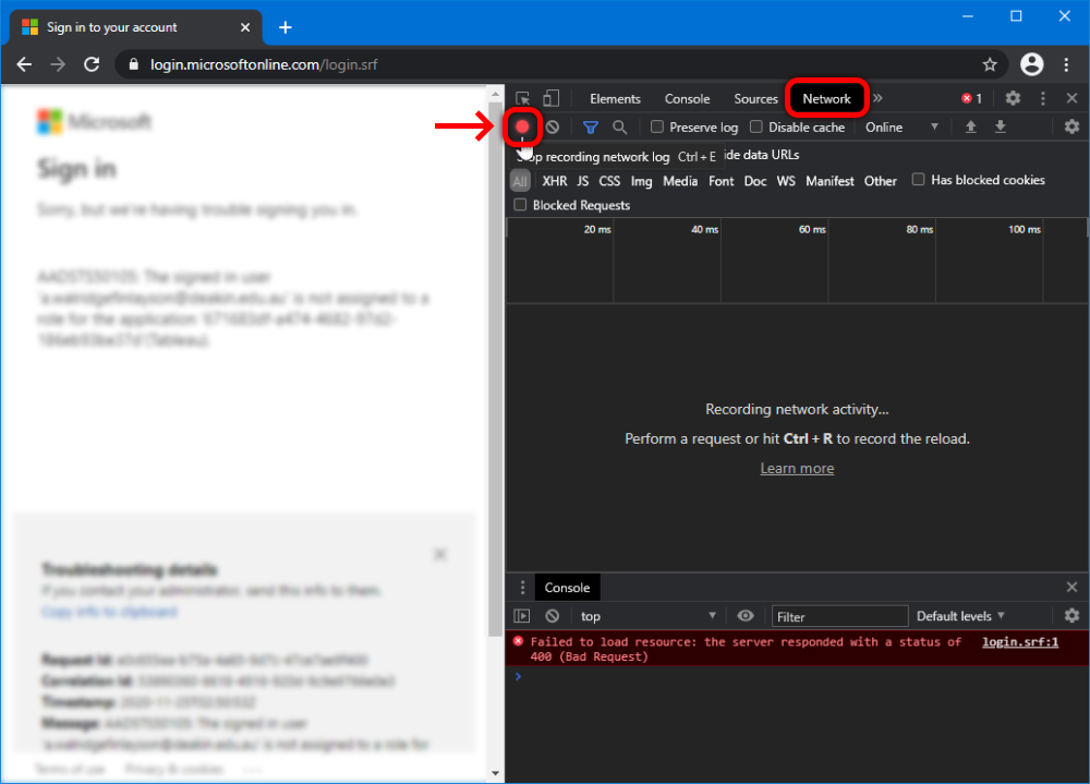 Chrome Developer Tool window with Network tab selected (outlined in red) and recording button outlined in red with an arrow pointing to it