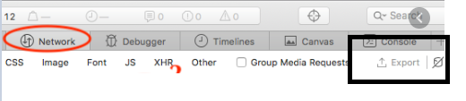 Safari Web Inspector Network tab circled in red and Export icon outlined in black 