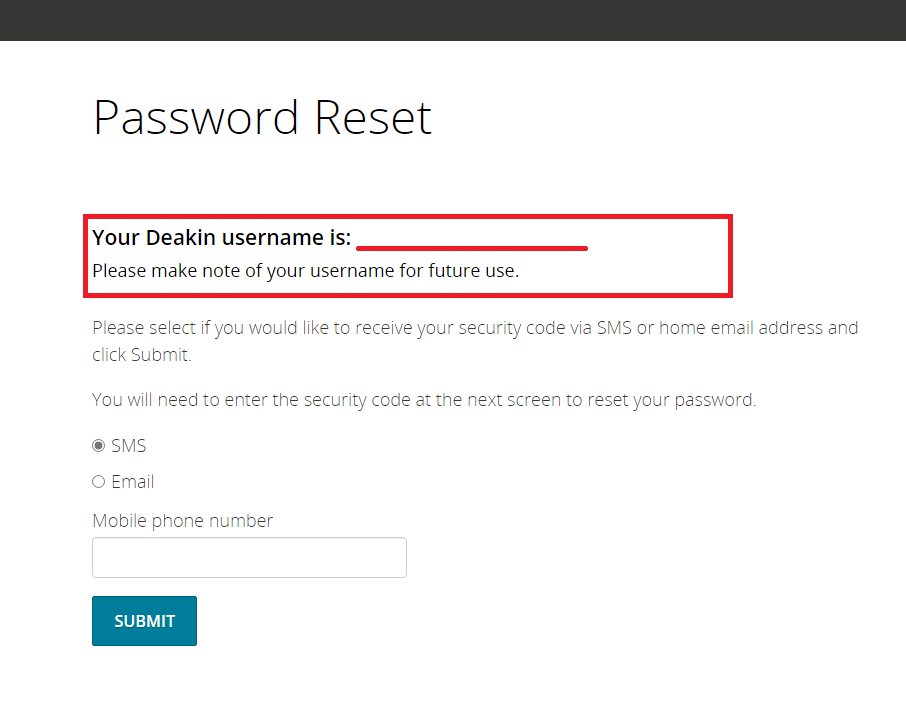 Password Reset dialogue box displaying Deakin username (outlined in red) once ID number and Date of Birth have been entered