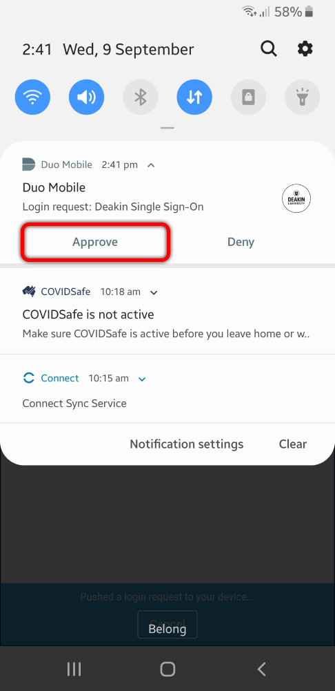 You can also swipe down from the top of your screen and approve from there