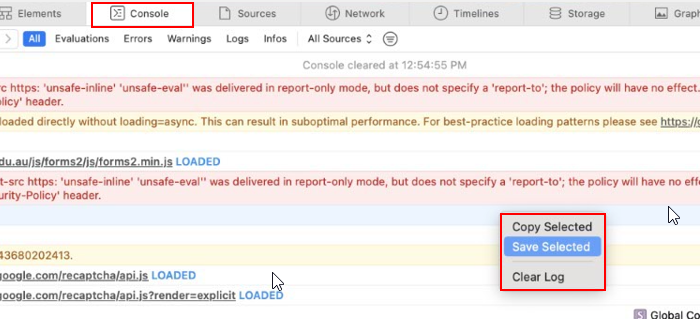 Console tab in Safari Web Inspector with tab title and popup menu outlined in red, Save As is highlighted in blue