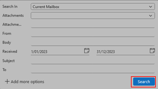Outlook Advanced Search, received date filters entered, the "Search" button is outlined in red. 