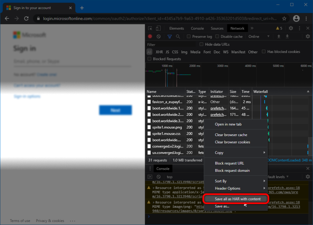 Chrome Developer Tools Network tab showing "Save all as HAR with content" option selected overlaying the grid of recorded network requests