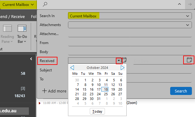 Outlook Advanced Search displaying the calendar date select option in the "Received" field, current mailbox highlighted in yellow. The Received, date fields' down arrow and calendar icons are outlined in red.