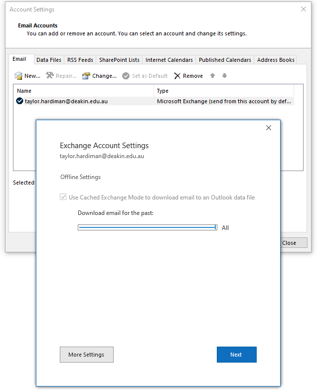 Exchange Account Settings popup window